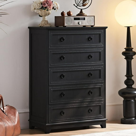 Joaxswe Modern 5 Drawer Dresser for Bedroom, 42" Tall Wooden Chest of Drawers with Dual Pull Design for Bedroom, Living Room, Black