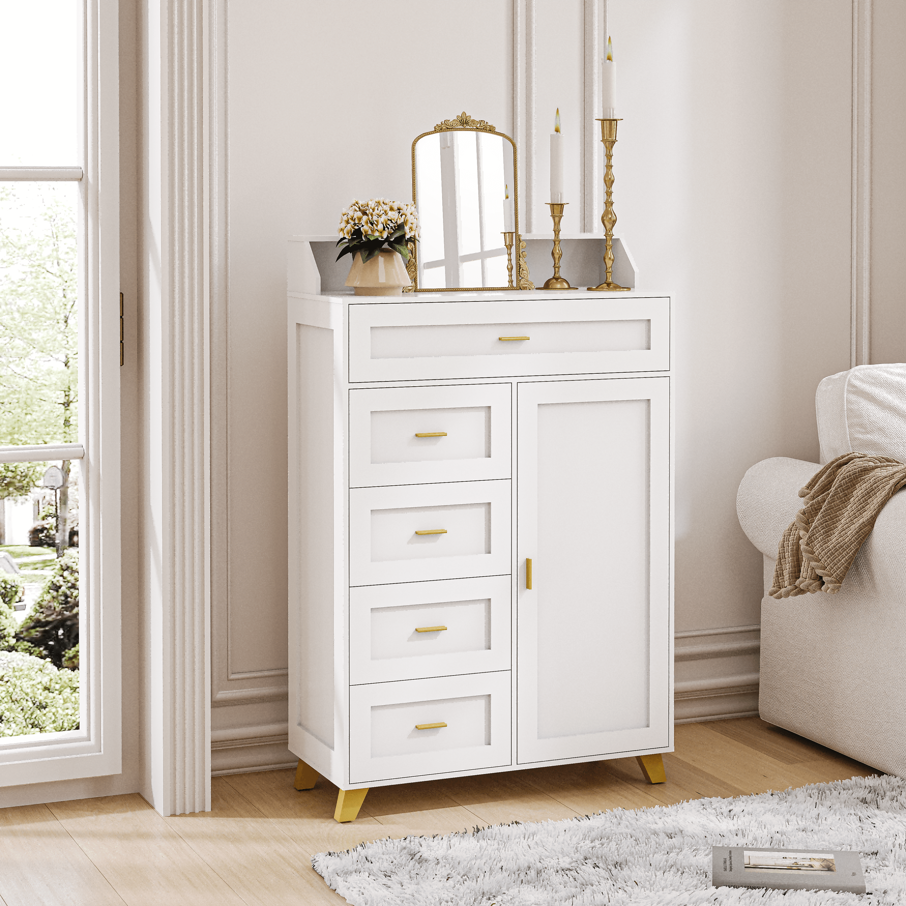 VoirStar 5 Drawers Wood Rustic Tall Chest Dresser with LED Light Pull Storage Cabinet White