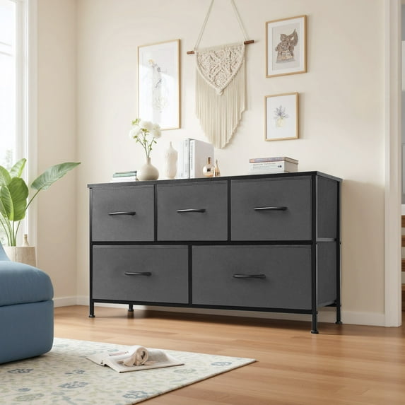TINKLE WELL 5 Drawers Dresser, Fabric Storage Drawers, Small Chest Tower, Storage Organizer Units for Clothing, Closet, Fabric Bins, Wood Top and Steel Frame, Gray