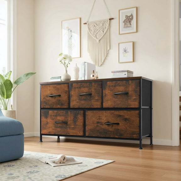 TINKLE WELL 5 Drawers Dresser, Fabric Storage Drawers, Small Chest Tower, Storage Organizer Units for Clothing, Closet, Fabric Bins, Wood Top and Steel Frame, Rust