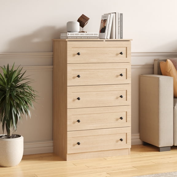 5 Drawers Dresser, Modern 45" Tall Chest of Drawers, Farmhouse Drawer Dresser Organizer with Large Storage for Bedroom, Living Room, Hallway, Entryway, Oak