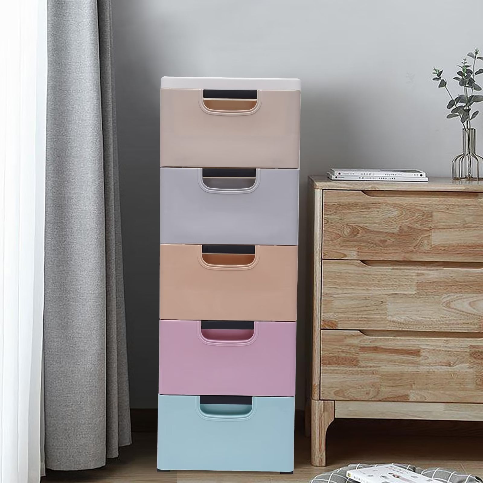 5 Drawers Dresser, Plastic Tower Closet Organizer with Wheels Recessed