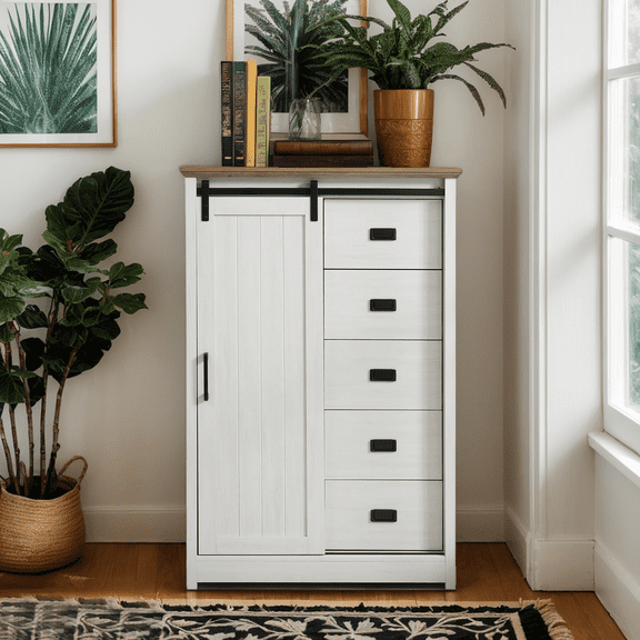 5 Drawers Dresser with Sliding Barn Door, Rustic Modern Tall Dresser 5 Chest of Drawers, Storage Organizer Dresser for Bedroom, Hallway, Living Room, Kids Room