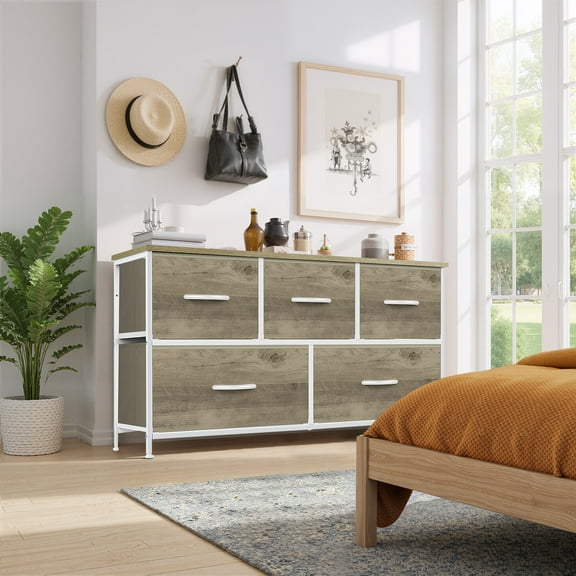 5 Drawers Dresser, Storage Dresser Organizer with Drawers, Chest of Drawers, Dresser with Metal Frame and Wood Tabletop for Bedroom, Guest Room, Closet, Entryway, Nursery, Smoked ash
