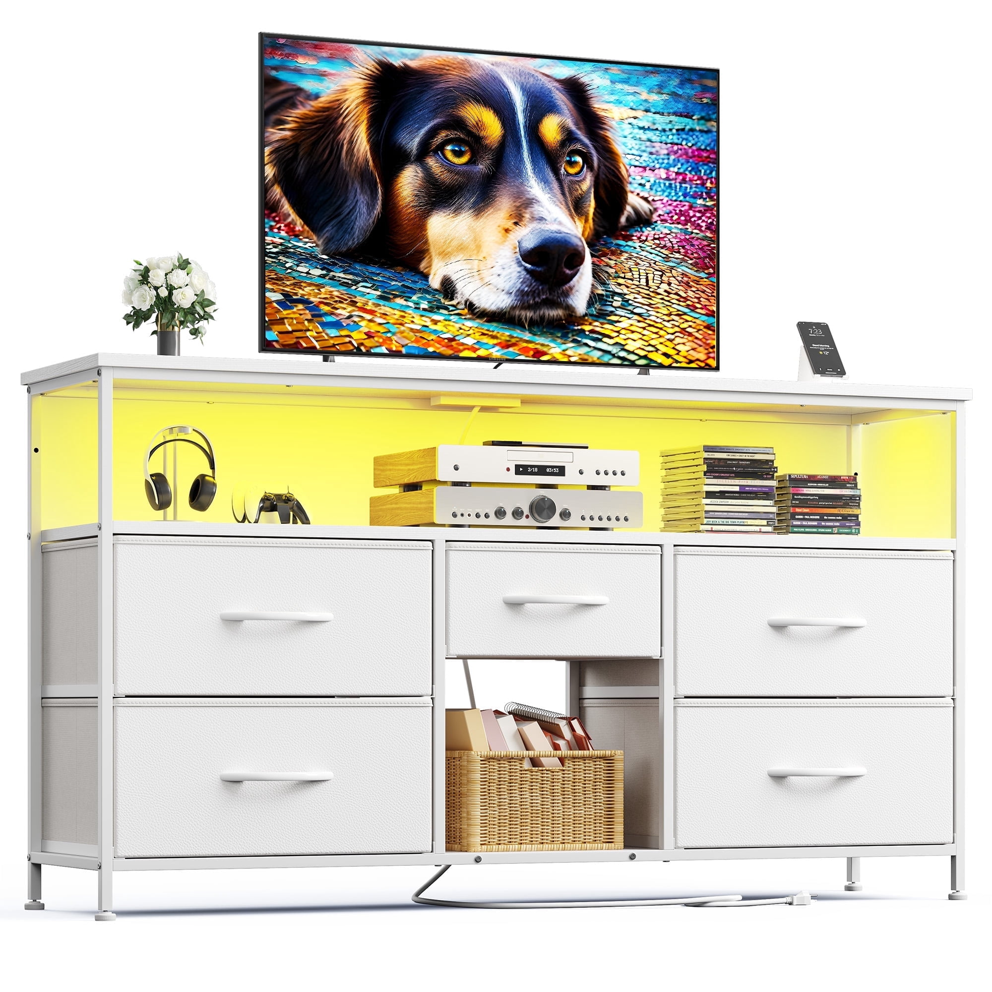 Romorgniz 5 Drawers Dresser TV Stand for 50",Wide dresser for Bedroom with Power Outlets & LED Lights & Entertainment Center with Shelves for Living Room, Sturdy Metal Frame,  White