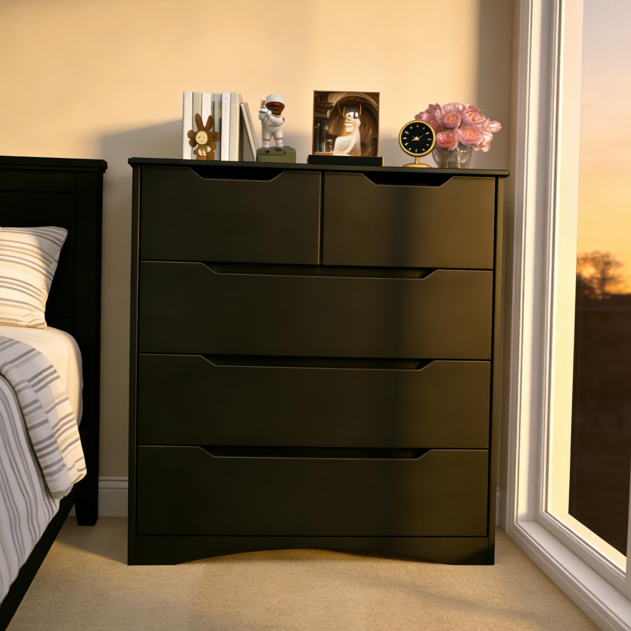 5 Drawers Dresser ,Wooden Storage Cabinet with Cutout Handles for Living  Room|Hallway|Entryway|Guest Room,Black