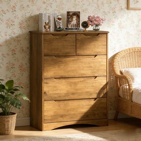 Dressers for Bedroom, 5 Chest of Drawers Dresser and Wooden Storage Cabinet with Cutout Handles for Living Room | Hallway | Entryway | Guest Room,Brown