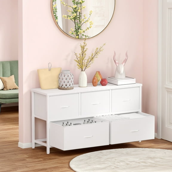 5 Drawers Fabric Dresser, Nightstand With Wide Chest Of Drawers,Storage Tower Storage Dresser Closet For Living Room, Bedroom, Hallway, White