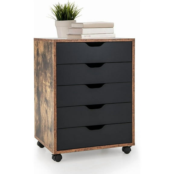 5 Drawers File Storage Cabinet, 26.5" Vertical Filling Cabinet for Home Office, Under Desk Office Drawer Organizer, Universal & Lockable Casters, Rolling Printer Storage Rack (Black)