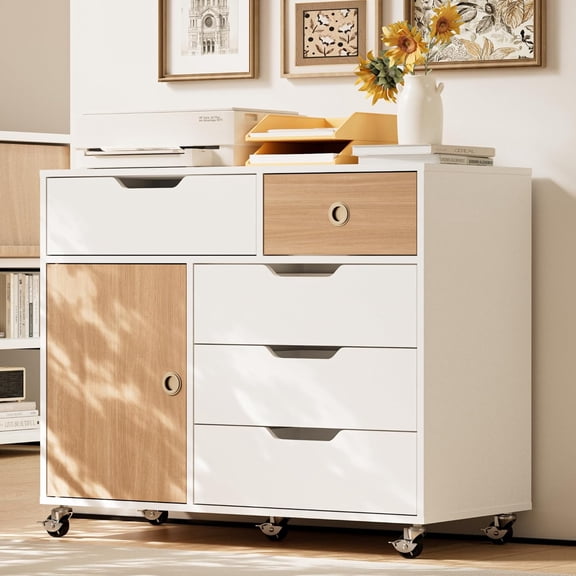5 Drawers Mobile File Cabinet with Door, Rolling Printer Stand Table Craft Storage Cabinet, Under Desk Wooden Filing Cabinets for Home Office Essentials Storage Organization Furniture