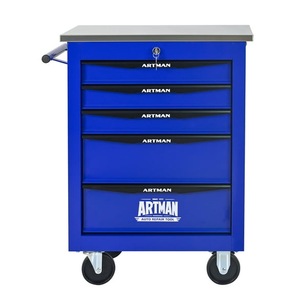 5 Drawers Multifunctional Tool Cart with Wheels,Metal Rolling Tool Cart Storage for Garage Workshop Warehouse Repair Shop--With Stainless Steel Roof- BLACK&BLUE