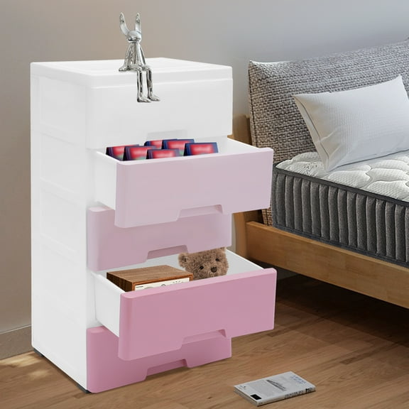 5 Drawers Plastic Drawers Dresser, Tall Standing Organizer Unit with Wheels Chests Storage Closet Cabinet Clothes Toys Snacks Organizer Storage Tower (Pink)