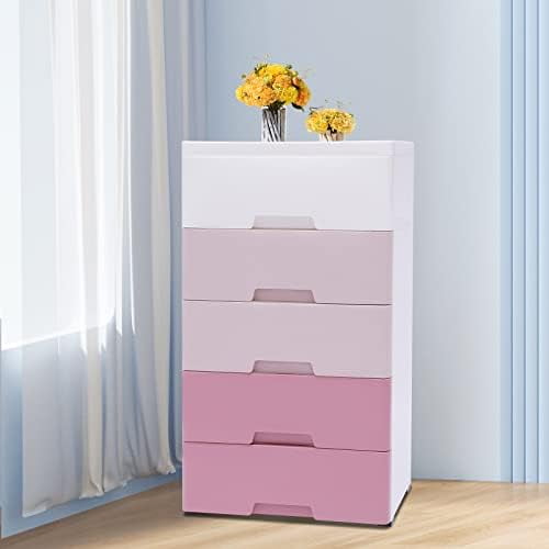 5 Drawers Plastic Drawers Dresser, Tall Standing Organizer Unit with Wheels Chests Storage Closet Cabinet Clothes Toys Snacks Organizer Storage Tower (Pink)