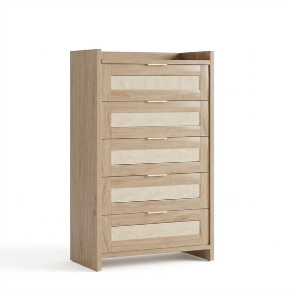 5 Drawers Rattan Tall Dresser 46 Inch Boho Chest of Drawers Large Storage Cabinet for Bedroom Closet Living Room Hallway Nursery Entryway - Light Oak