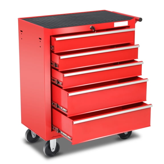 5-Drawers Rolling Tool Chest Cabinet with Wheels, Keyed Locking System Non-Slip Mat, for Garage Warehouse Workshop, Red