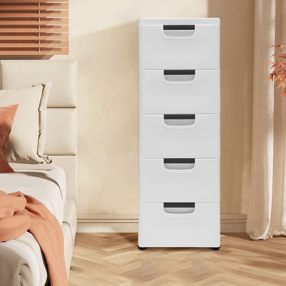 5 Drawers Storage Cabinet with Wheels, Stackable Floor Standing Storage Tower Tall Dresser Chest Closet Organizer Unit for Home Office