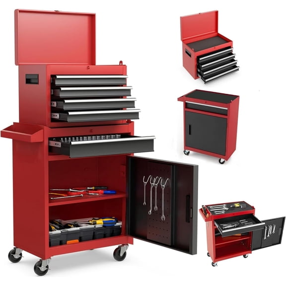 5 Drawers Tool Cart with Wheels & 1 Cabinet,Detachable Portable Top Box,Lock Rolling Tool Chest Trolley Organizer Set,Multifunctional Tool Box w/Storage Lockers for Garage & Workshop(Red)