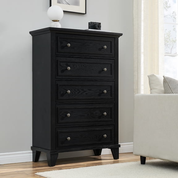 Outop 5 Drawer Rustic Wooden Dresser with Anti-Tilt Devices, Tall Storage Cabinet Organizer, Black