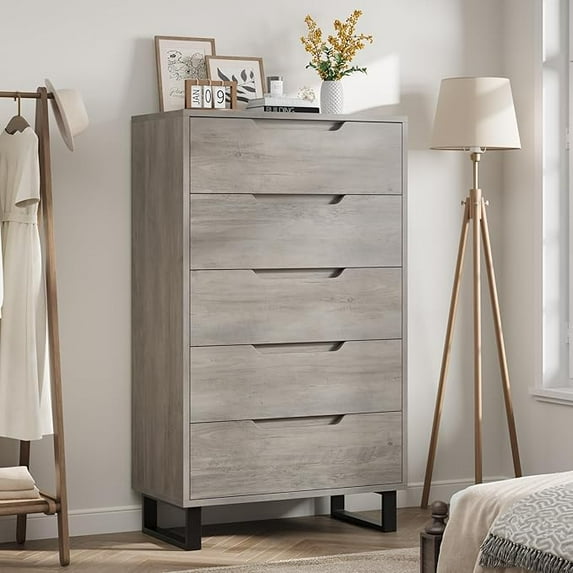 5 Dresser for Bedroom, 51" Tall Dresser, Freestanding Vertical Drawer Cabinet with Storage, Wooden Closet Storage Chest for Living Room, Hallway, Entryway, Gray
