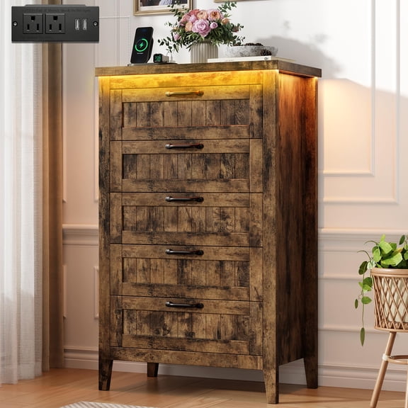 5 Dresser Drawer for Bedroom, 27.6" Wide Wood Bedside Table for Bedroom, Modern Farmhouse Night Stand with Smart RGB Light Strip, Power Outlet, Metal Slides, Anti-Tip Kit, Retro color