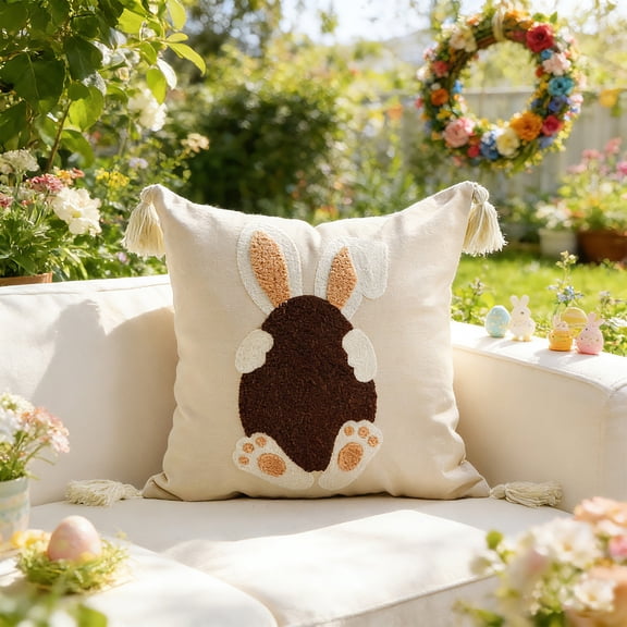 Under $5 Easter Embroidered Throw Pillow Covers 18x18" Easter Decorative Pillow Cases Easter Bunny Decorations Rabbit Pattern Sofa Couch Cushions for Happy Easter Spring Decor