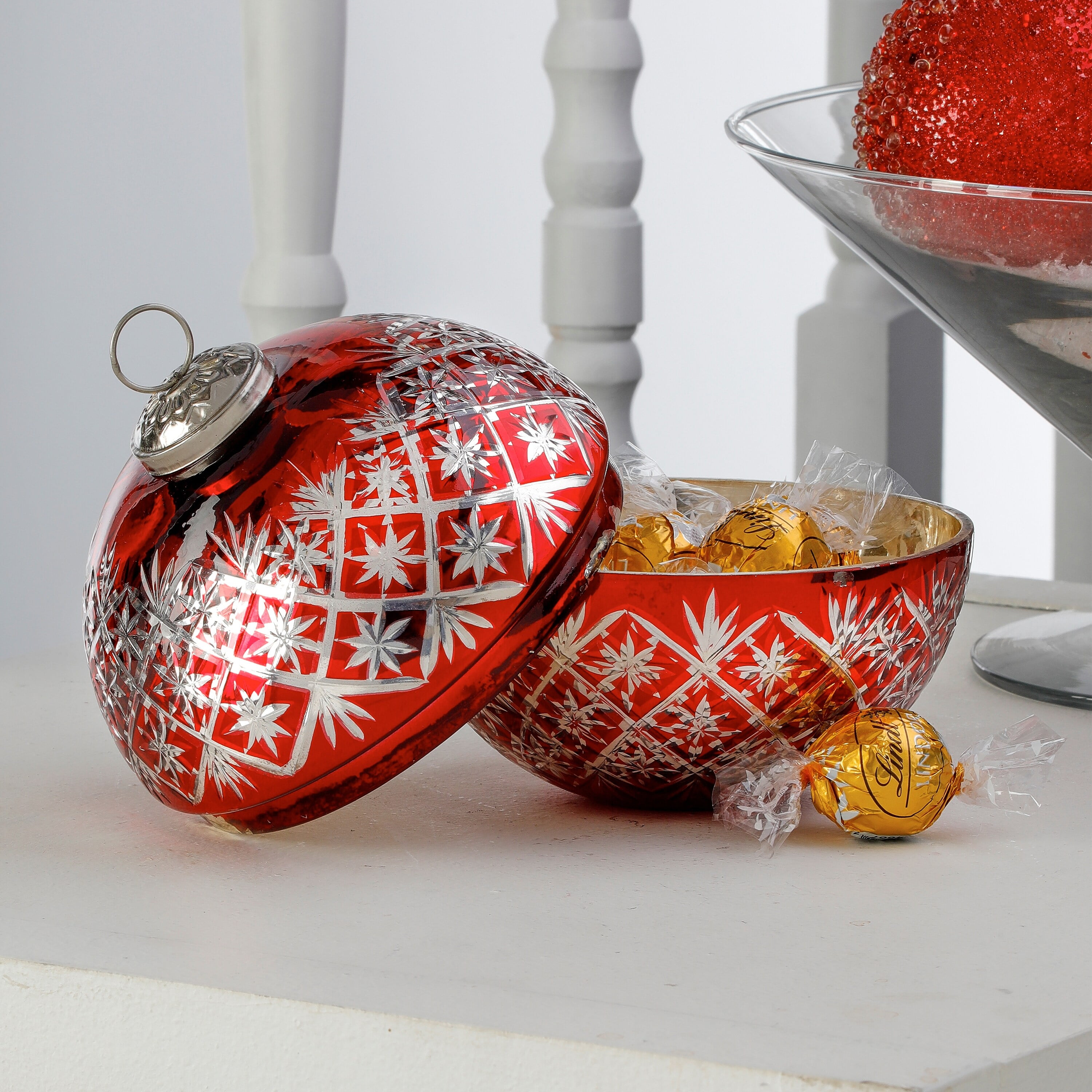 5" Etched Glass Ornament Candy Dish With Lid