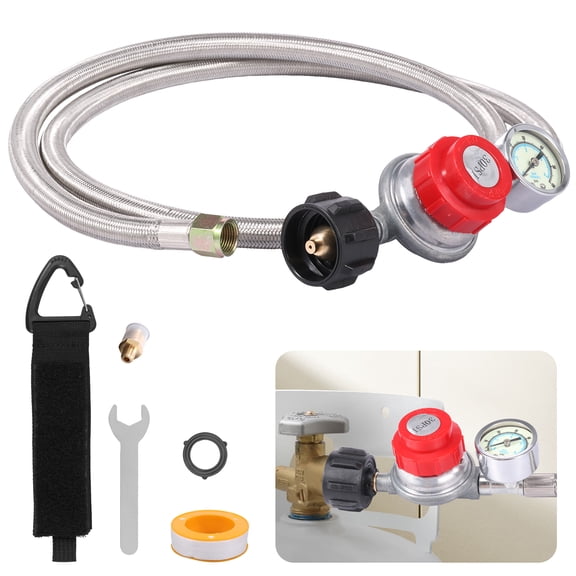 5 FT Adjustable Propane Regulator Hose with 0-60PSI Gauge 0~30PSI Adjustable 3/8" Female Flare Gas Grill Regulator for Gas Tank Cooker