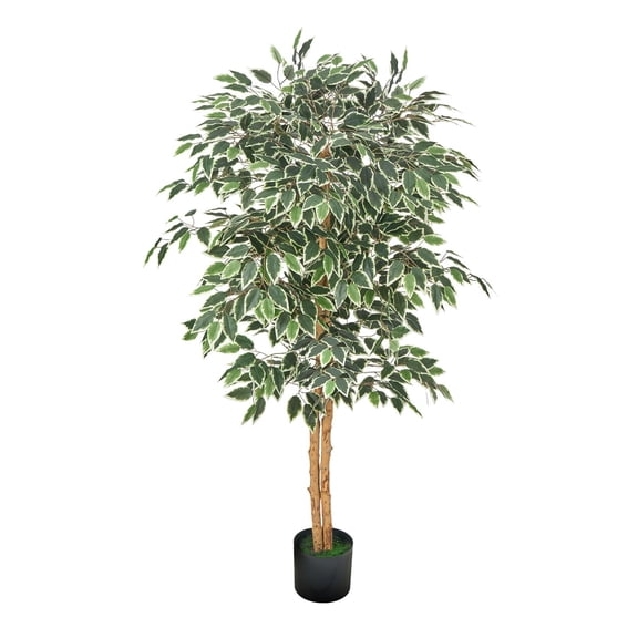 5 FT Artificial Ficus Tree with Black Planter Pot, Natural Wood Trunk Lifelike Green Leaves Fake Silk Plant for Home Office Living Room Corner Decor