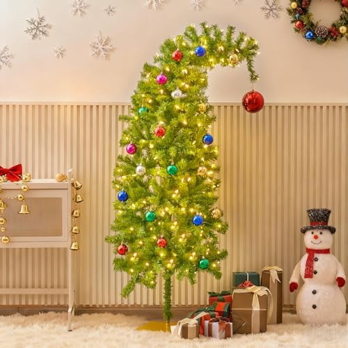 5 FT Artificial , Pre-Lit Curved Shape Artificial Whimsical Xmas Tree with 150 LED Warm White Lights & Colorful , 8 Lighting Modes Bendable Fake Pine Tree with Metal Base