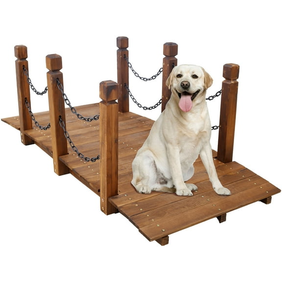 5 FT Brown Wooden Garden Bridge with Arc Frame and Chain Railings for Outdoor SpacesSupports 400 lbsfor Backyard Decor