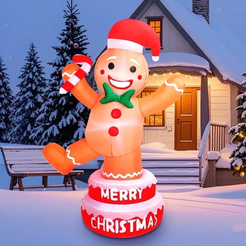 5 FT Christmas Inflatable Outdoor Decorations Gingerbread Man with Cane Candy, Lovable Blow up Gingerbread with Xmas Hat, Built-in LED Lights for Yard Garden Lawn Indoor Home Holiday Decor