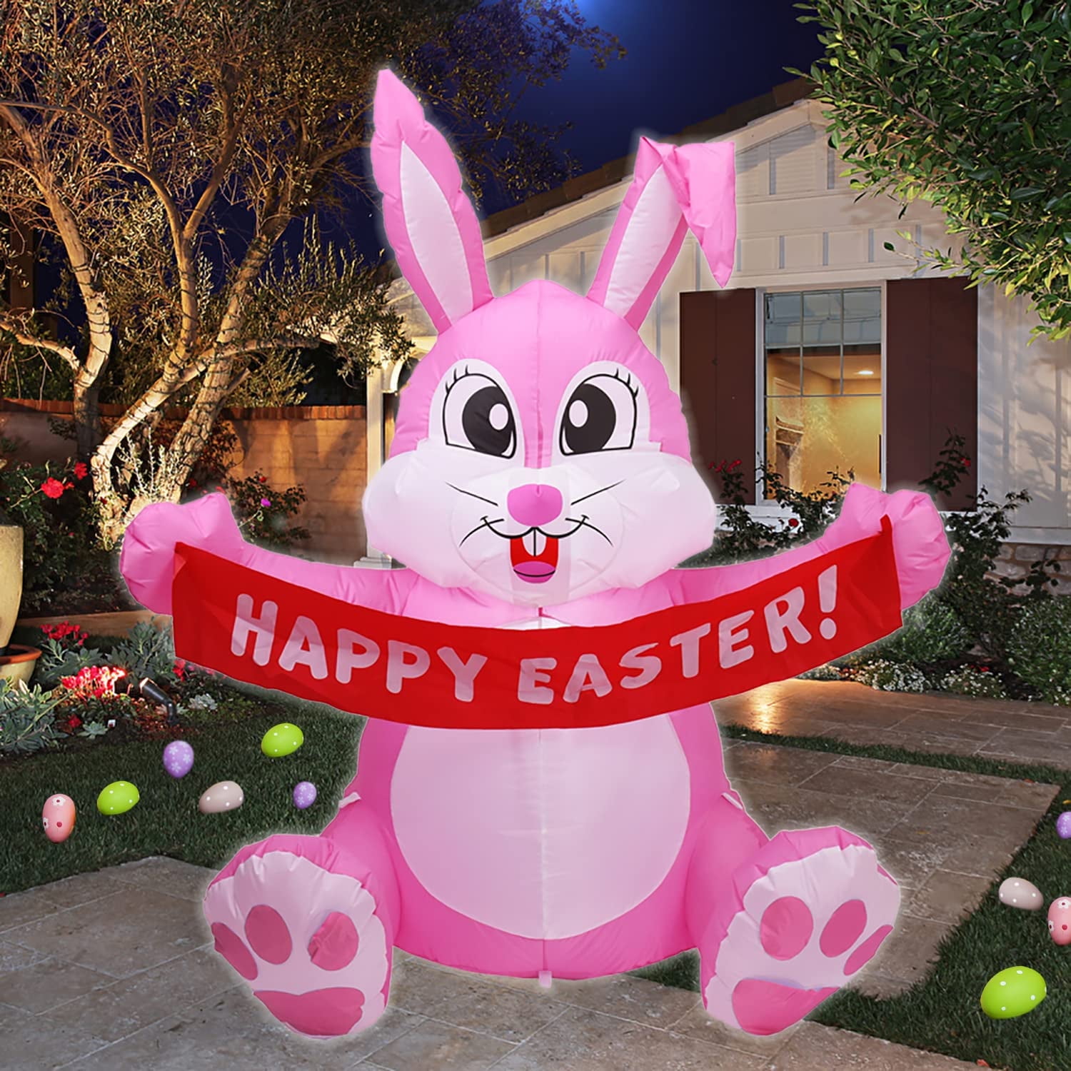 5 FT Easter Inflatable Outdoor Decoration, Easter Inflatables Bunny with LED Lights, Happy