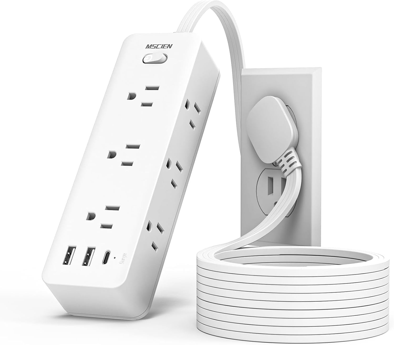 5 FT Extension Cord with Multiple Outlets, Flat Plug , 6 Outlet Extender with 3 USB Ports, with Surge Protector, Wall Mounted for Home, Office, Dorm, Kitchen, White