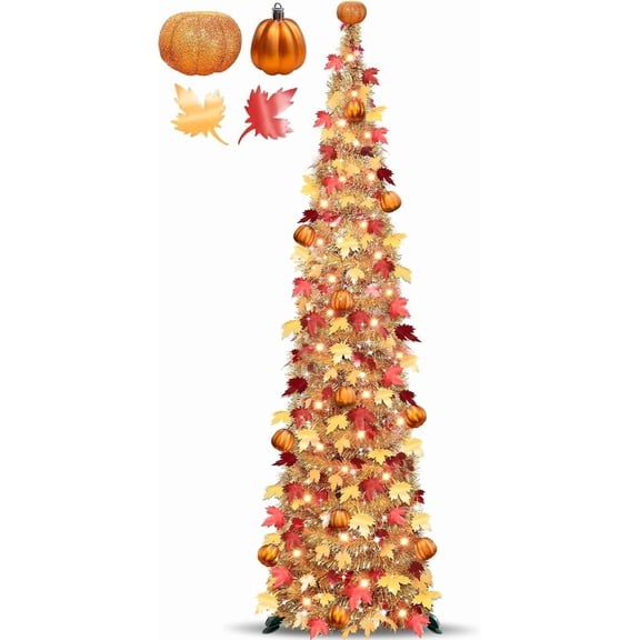 5 FT Fall Tree Fall Decor, Tinsel Maples Tree with 50 Warm White Lights