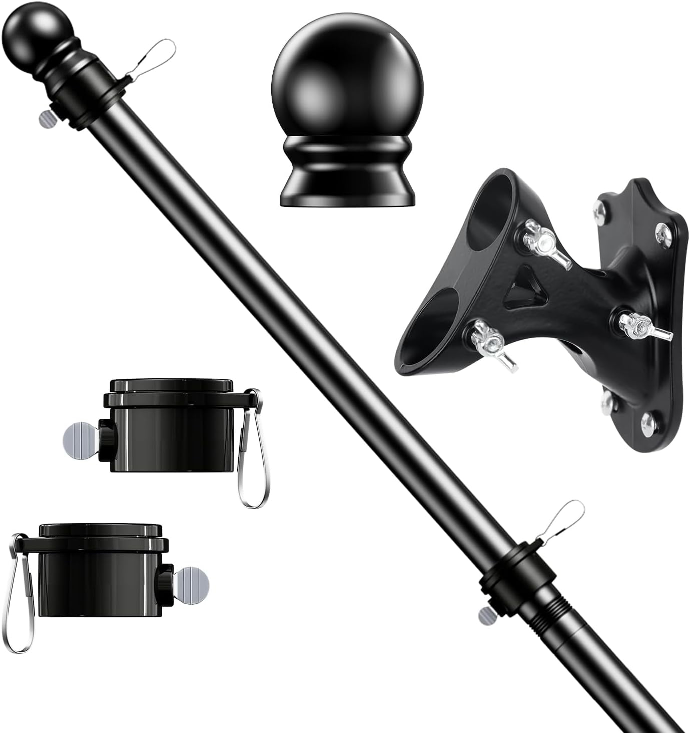 5 FT Flag Pole Kit, Tangle Free Spinning Weather Resistant Rustproof Stainless Steel Flagpole with Base for 3x5 Sports Flag 1" Dia Flag Pole Holder for Outside House, Wall (Black)