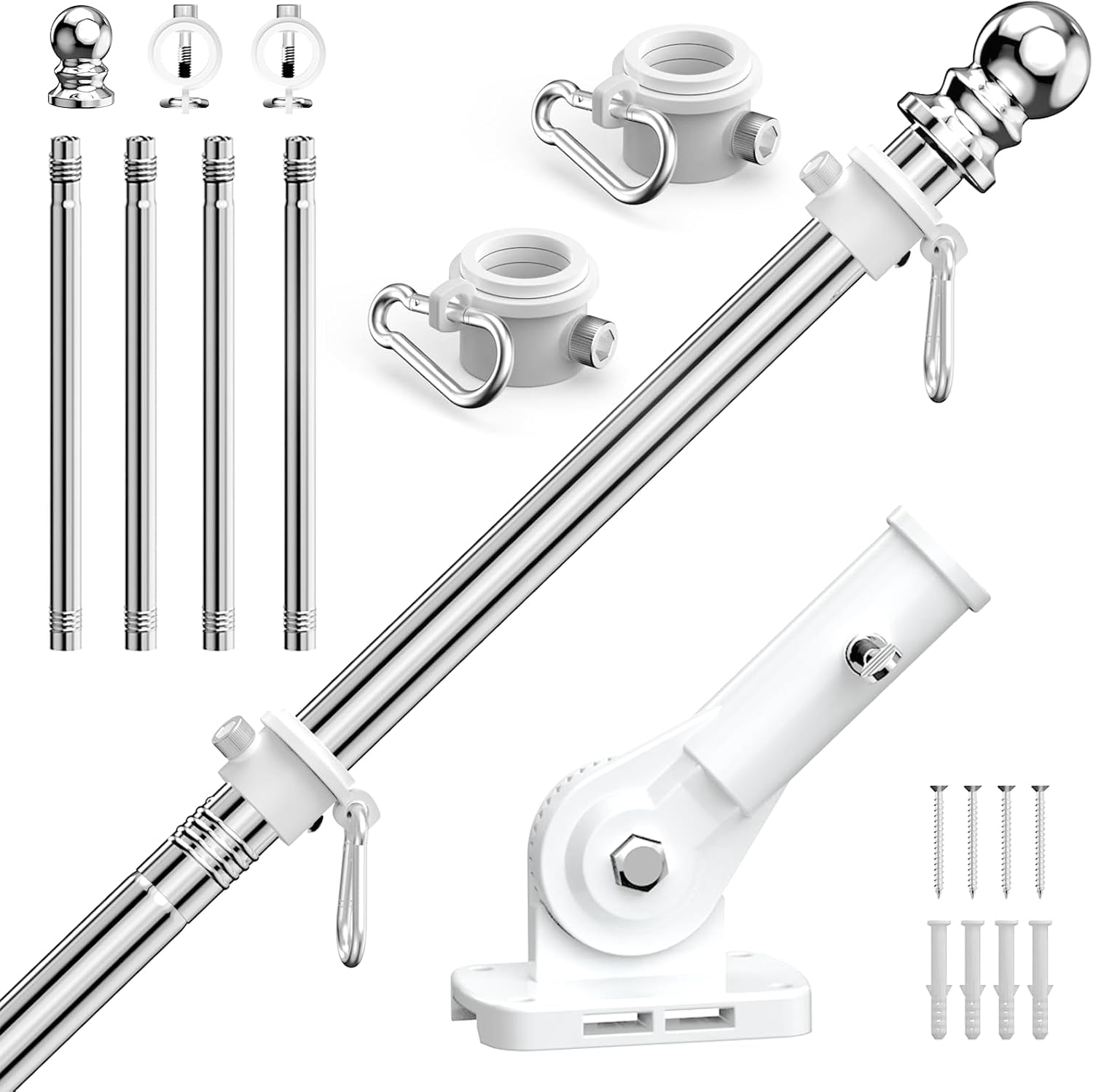 5 FT Flag Pole for Outside House, Flag Pole Kit with 180° Multi-Position Bracket Holder, Rustproof Stainless Steel Flagpole with Tangle Free Spinning Flag Rings, for Outdoor Porch Residential