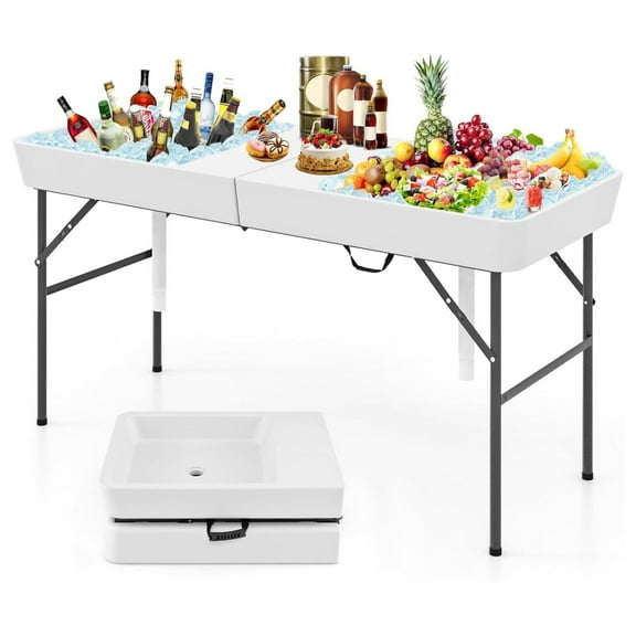 5 FT Folding Ice Cooler Table with Double Sinks and Drains, Portable Ice Table with Matching Skirt, Beverage Cooler Table, Chill Table for Party, Picnic, BBQ, Camping