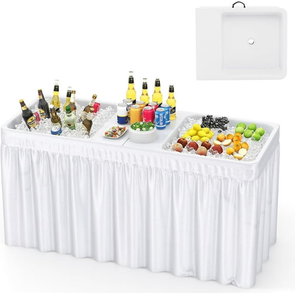 5 FT Folding Ice Table with Double Sinks and Drains, Portable Ice Cooler Table with Removable Skirt, No Assembly, Foldable in Half, Fill and Chill Stand for Party Camping BBQ Wedding, White