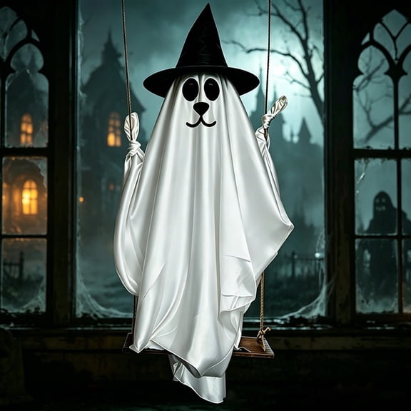 5 FT Hanging Swing Ghost Halloween Decor, Ghost Wearing a Hat Standing on the Swing, Spooky Cute Outdoor Halloween Decorations for Front Porch Yard Tree,Wizard,Without lights