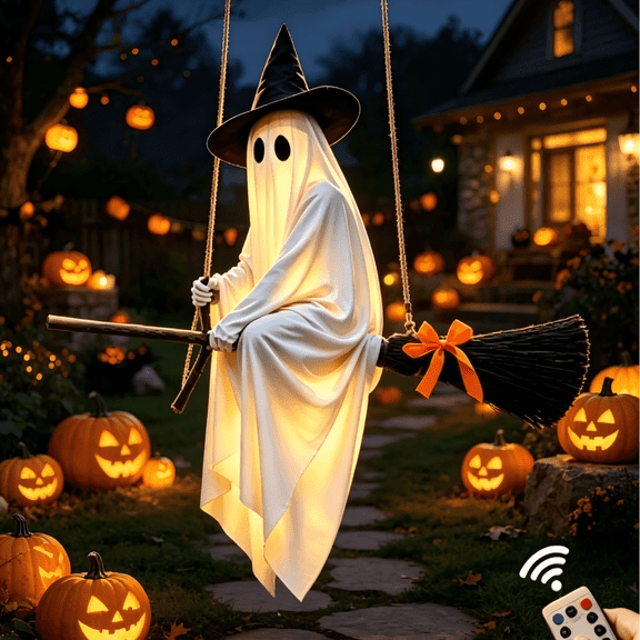 5 FT DIY Hanging Swing Ghost Halloween Decor, Light-Up Flying Ghost on Broomstick with Witch Hat, Spooky Cute Outdoor Halloween Decorations for Front Porch Yard Tree