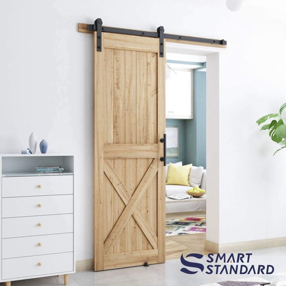 5 FT Heavy Duty Sturdy Sliding Barn Door Hardware Kit, Black, (Whole Set Includes 1x Pull Handle Set & 1x Floor Guide) Fit 28''-30" Wide Door Panel (I Shape Hanger)