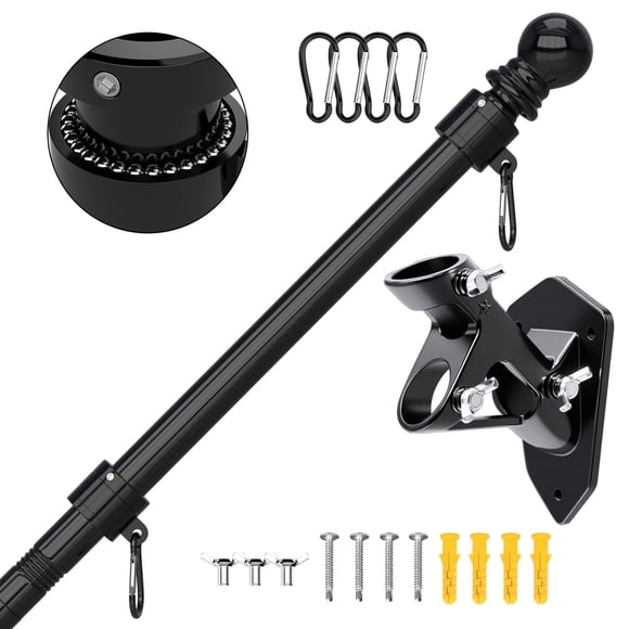 FIASON 1 Pack 5 FT Black Stainless Steel Tangle Free Wall-Mounted Flag Pole with Upgraded Bracket, Flag Pole Kit for Outside House, Residential or Commercial for American Flag (Without Flag)
