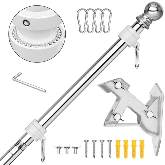 FIASON 1 Pack 5 FT Silver Stainless Steel Tangle Free Wall-Mounted Flag Pole with Upgraded Bracket, Flag Pole Kit for Outside House, Residential or Commercial for American Flag (Without Flag)