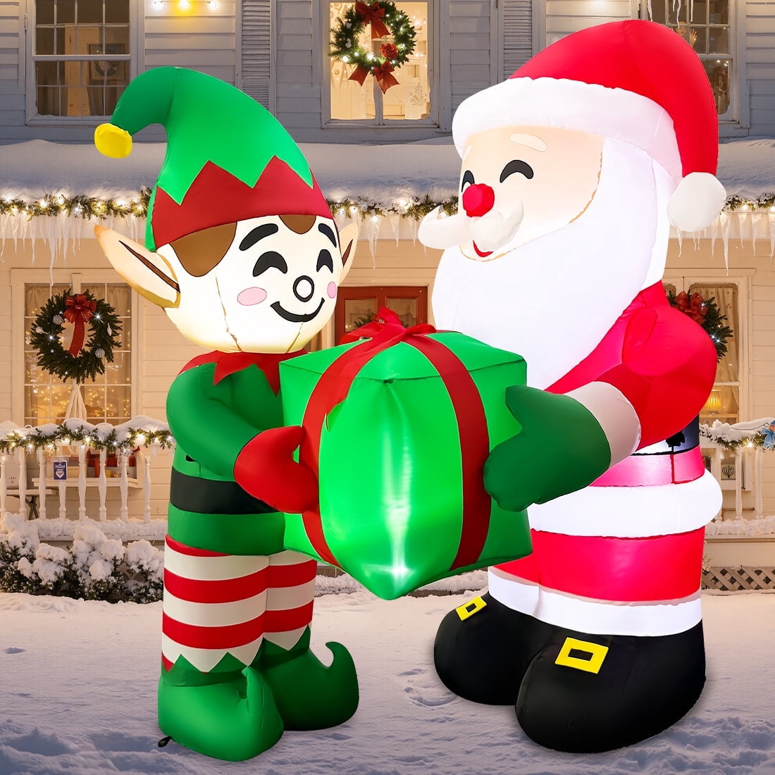5 FT Inflatable Christmas Santa and Elves, Blow up Santa Claus and Elves Holding Gift Box for Garden Patio Lawn Holiday Party Xmas