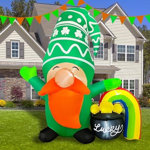 5 FT Inflatable St Patricks Day Gnome with Rainbow Pot of Gold, LED Lighted St Patricks Day Inflatables Blow up Decorations for Home Yard Lawn Garden Indoor Outdoor Decor$$Garden & Patio