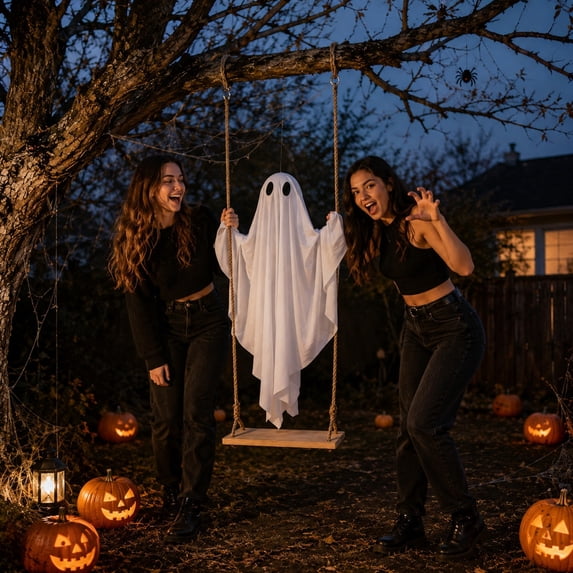 5 FT Large Hanging Swing Ghost, 2026 Halloween Decor with Remote Control String Lights, Spooky Glowing Ghost Ornament for Indoor Outdoor Porch Yard Tree, Halloween Party Scary Decoration