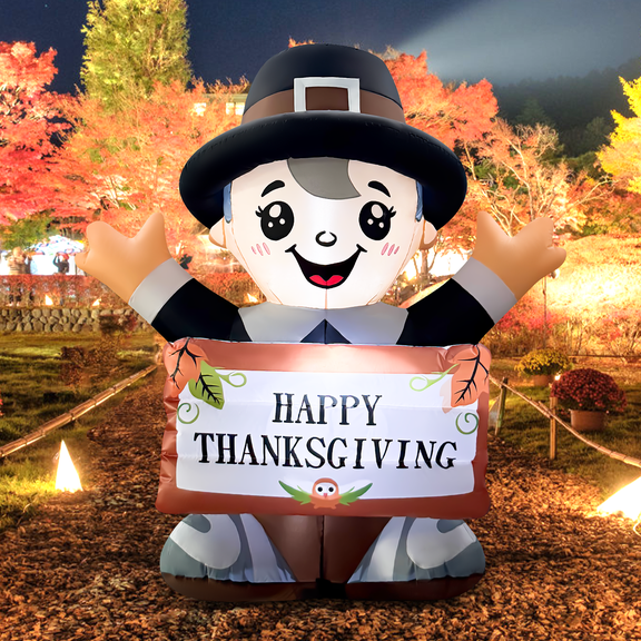 5 FT Lighted Inflatable Thanksgiving "ah Fu" Mascot with Greeting Sign, Thanksgiving Inflatable Decorations with Built-in LED Lights