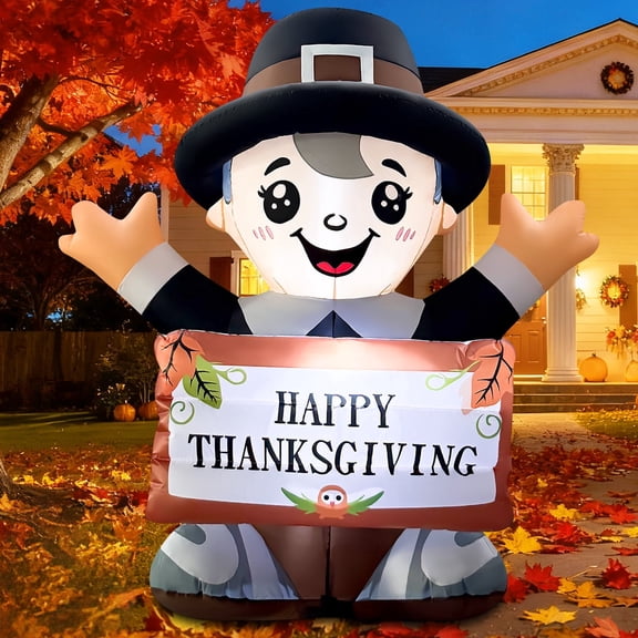 5 FT Lighted Inflatable Thanksgiving "ah Fu" Mascot with Greeting Sign, Thanksgiving Inflatable Decorations with Built-in LED Lights
