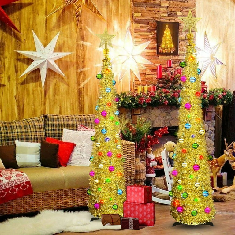 5 FT Pop up Christmas Tree with LED Multi Colored Lighted Artificial Tinsel Xmas Tree Battery Operated Pencil Christmas Tree for Indoor Home Party