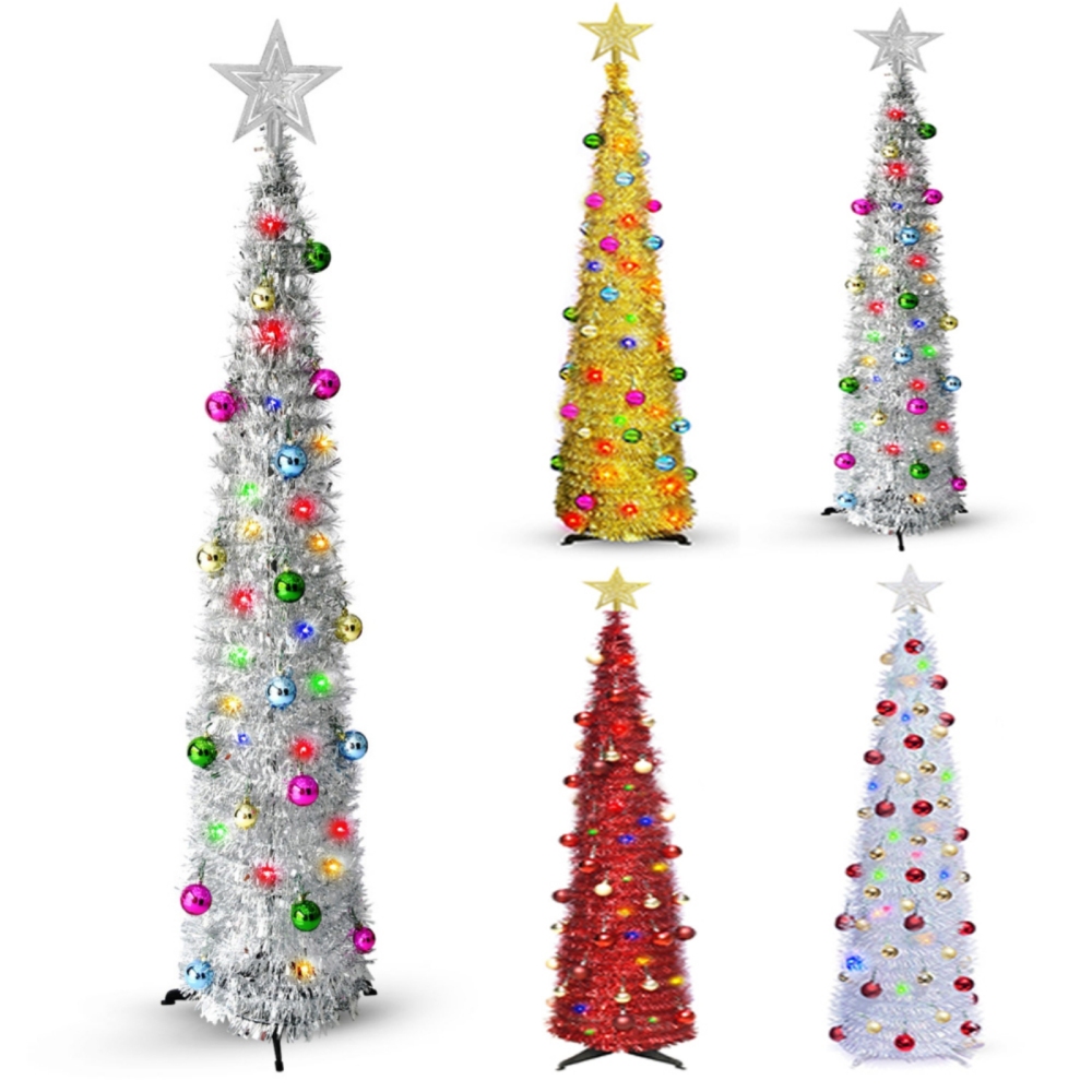 5 FT Pop up Christmas Tree,50 LED Lighted Artificial Tinsel Xmas Tree